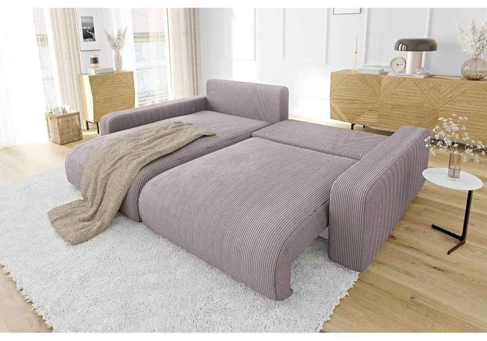 Világos rózsaszín kordbársony kinyitható sarokkanapé (variálható) Sara – Ropez