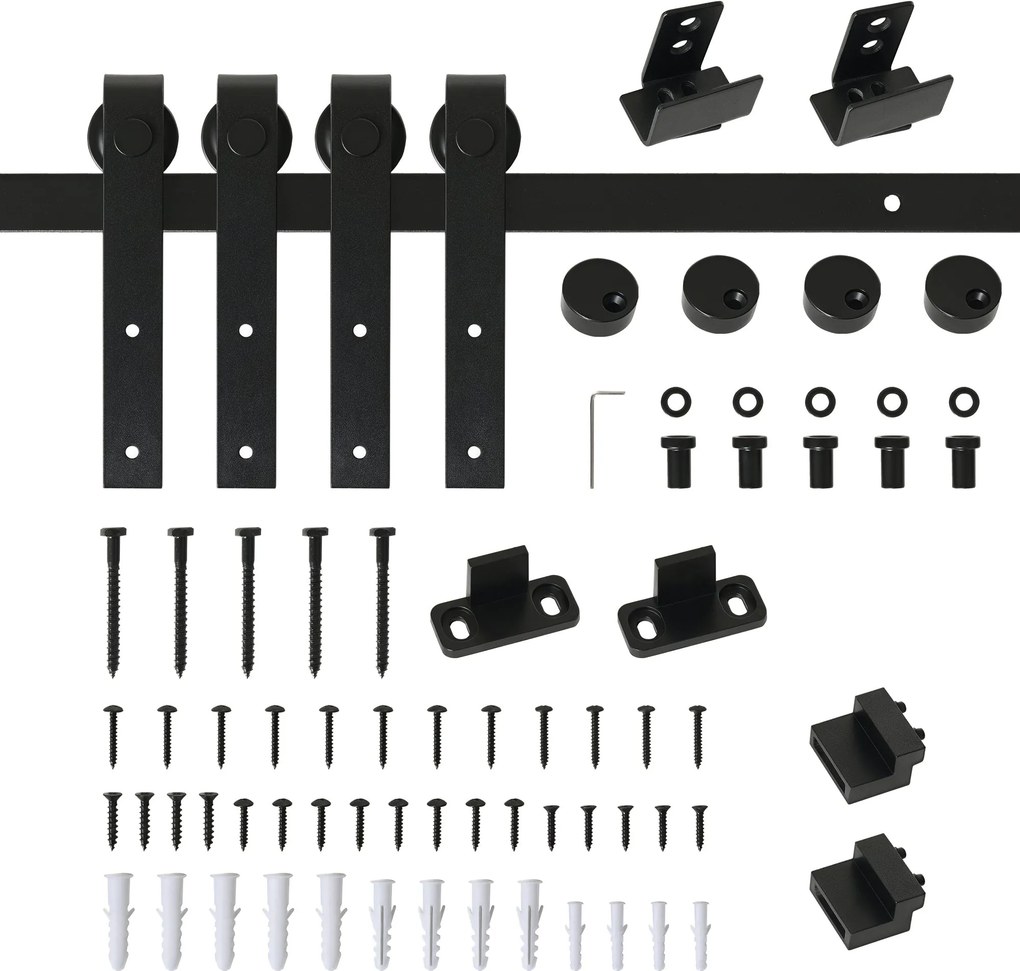 HOMCOM 200cm Csúszóajtó Készlet: Csúszóajtó Rendszer Padlóvezetővel, Csúszóajtó Sínekkel és Felszerelésekkel Szénacélból Készült Kétlapos Csúszóajtóho