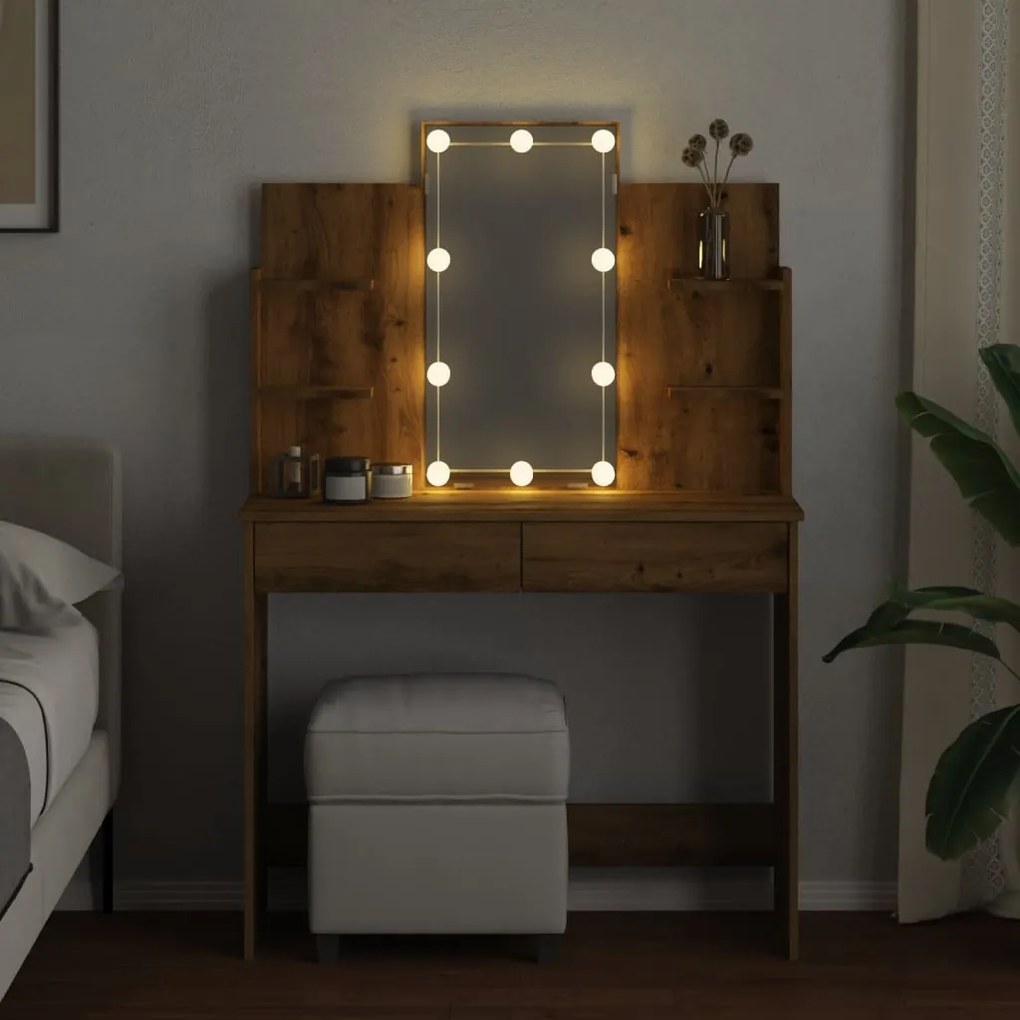 kézműves tölgy színű fésülködőasztal LED-del 96x40x142 cm