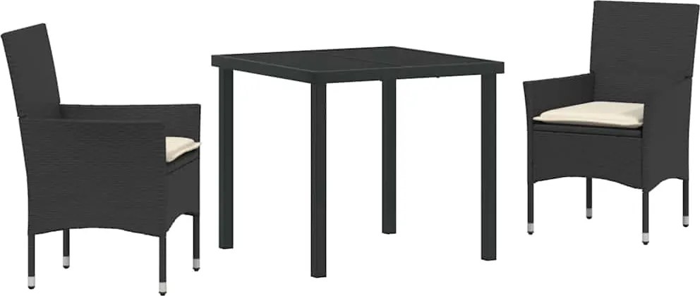 vidaXL Kert étkező szett párnával 3 pcs Fekete polirattan