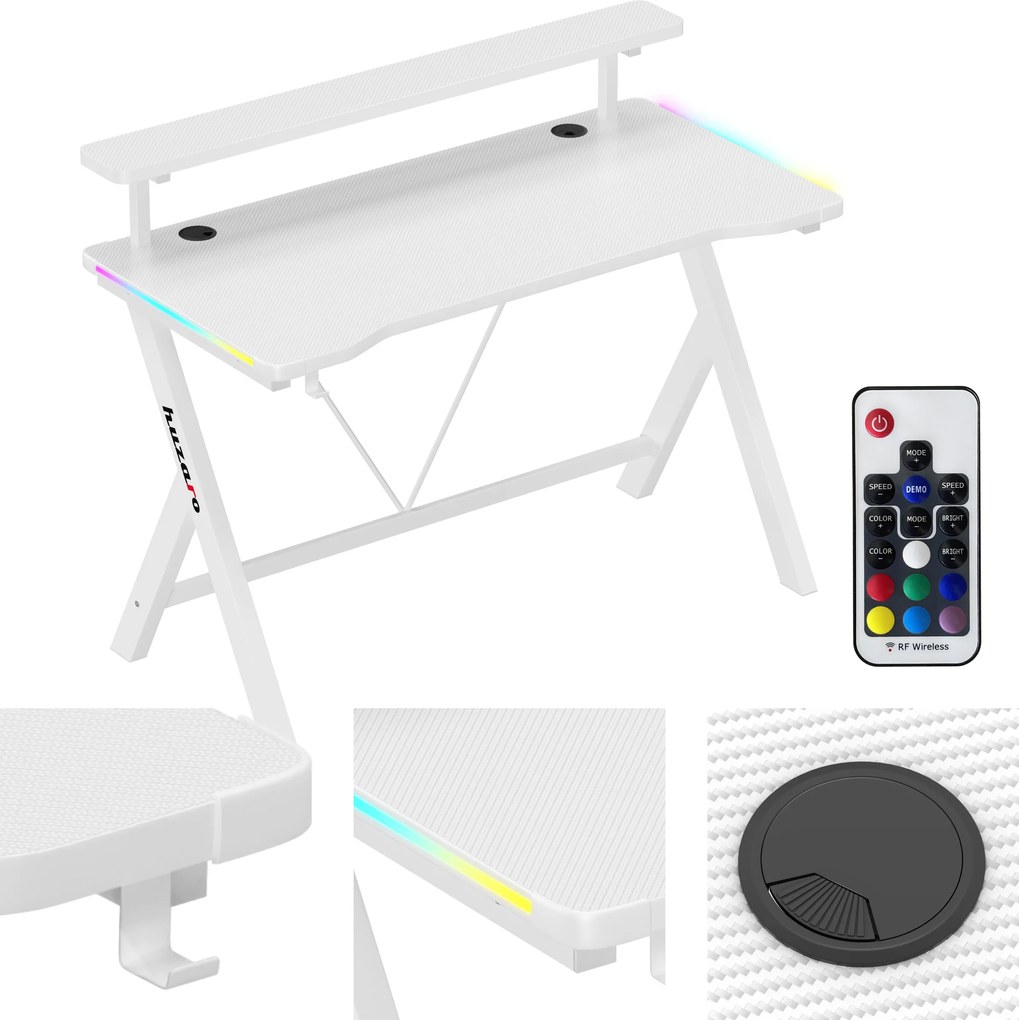 Gamer íróasztal Huzaro fehér Rgb Led ifjúsági, gamer tartóval