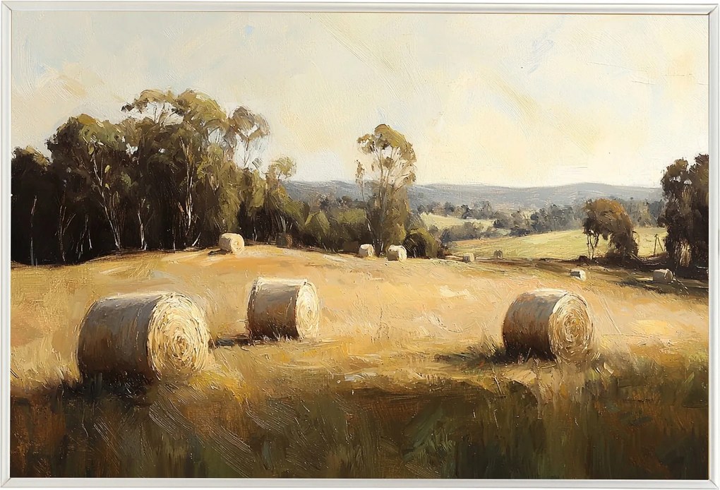 Poszter Alumínium Keret Tájkép Lengyelország Falu Aratás Mező Széna Nyár 60x40