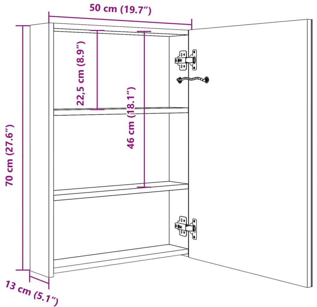 fényes fekete LED-es tükrös fürdőszobaszekrény 50 x 13 x 70 cm