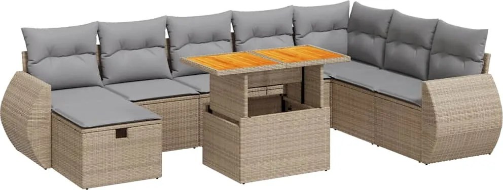 vidaXL 9 részes bézs polyrattan akácfa kerti ülőgarnitúra párnákkal