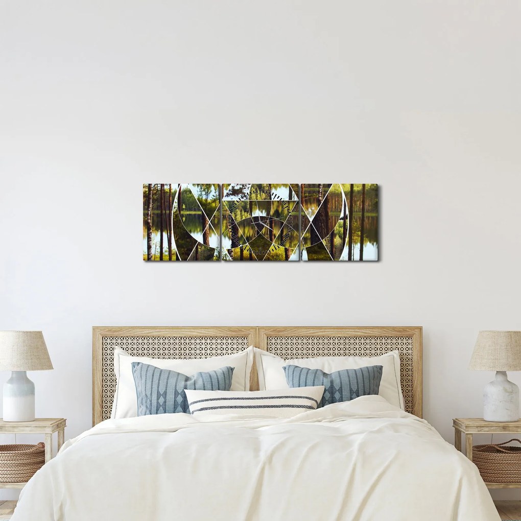 Kép - Geometrikus kollázs a skandináv erdők hátterében (órával) (90x30 cm)