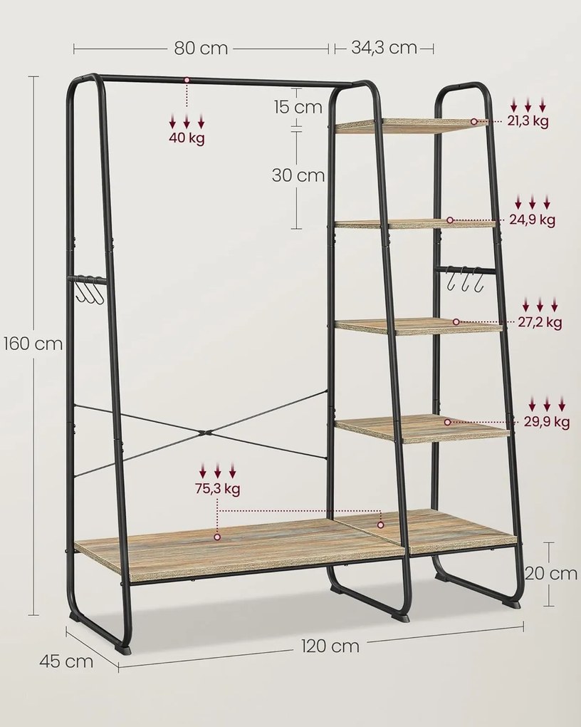 VASAGLE ruhatartó állvány, 45 × 120 × 160 cm, türkizbarna-fekete