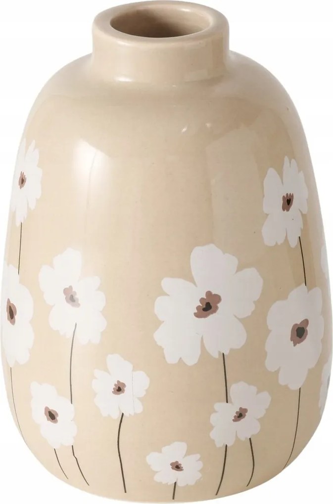 Kerámia Váza Bézs Fehér Virágokkal Mázas Vízálló 11 X 8 CM