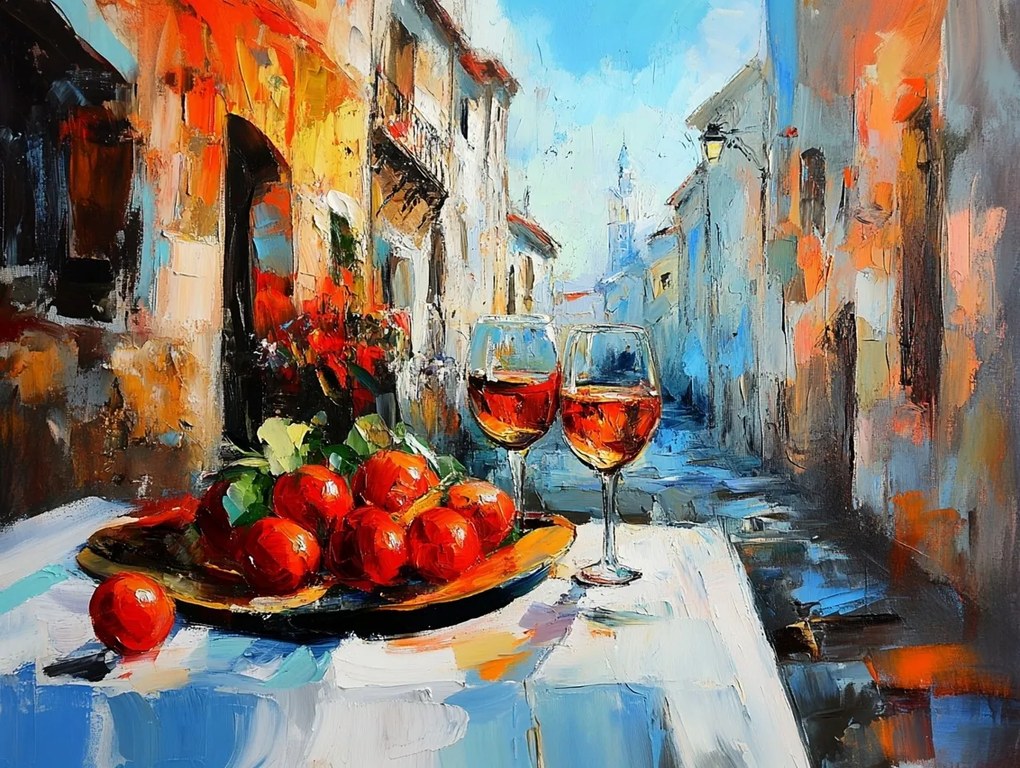 Vászonkép Canvas Csendélet Bor Utca Gyümölcs Olaszország 100x75