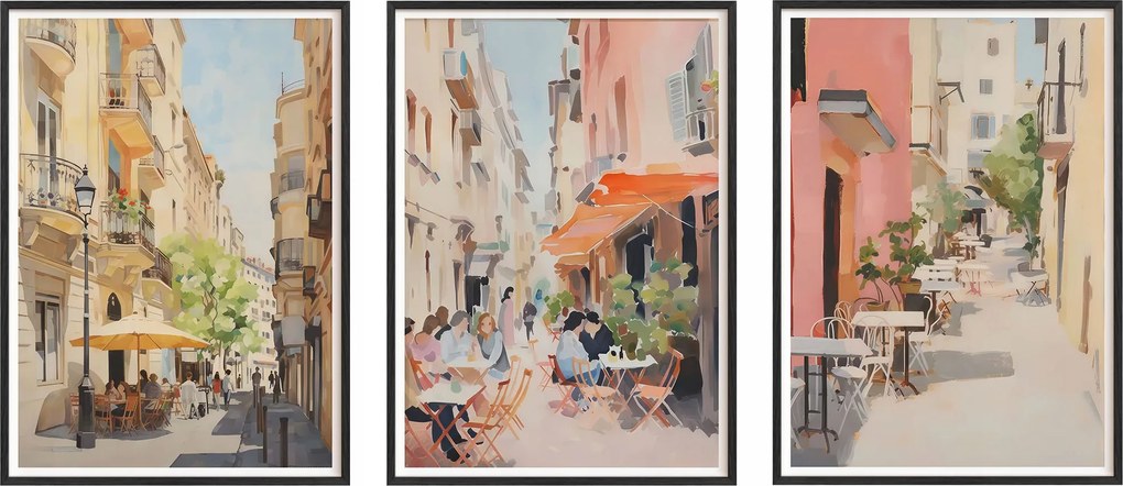Vászonkép Barcelona Kávézók Poszterek Fa keretek Fekete 3db 30x42 cm