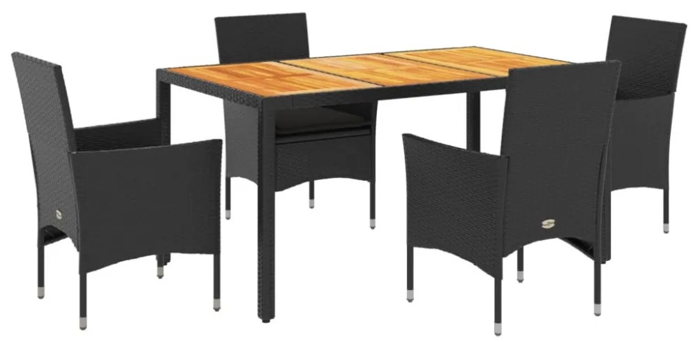 vidaXL5részes fekete polyrattan/akácfa kerti étkezőgarnitúra párnákkal