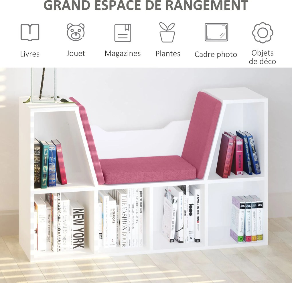 HOMCOM Modern Design 2 az 1-ben Könyvespolc Pad 6 Rekesz 3 Párna Tartozék 102L x 30W x 61H cm Fehér Rózsaszín | Aosom