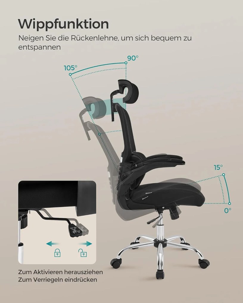 Irodai szék, ergonomikus, hálós szék deréktámasszal és állítható fejtámlával, fekete
