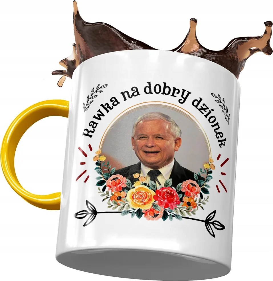 Sárga bögre Jaroslaw Kaczynski Politikusok Ajándék Nyomtatott Fotóval