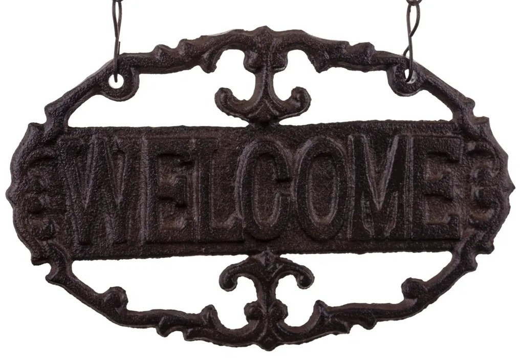 Öntöttvas sötétbarna felületre szerelhető Welcome feliratú fali cégér 32x22x3,5cm