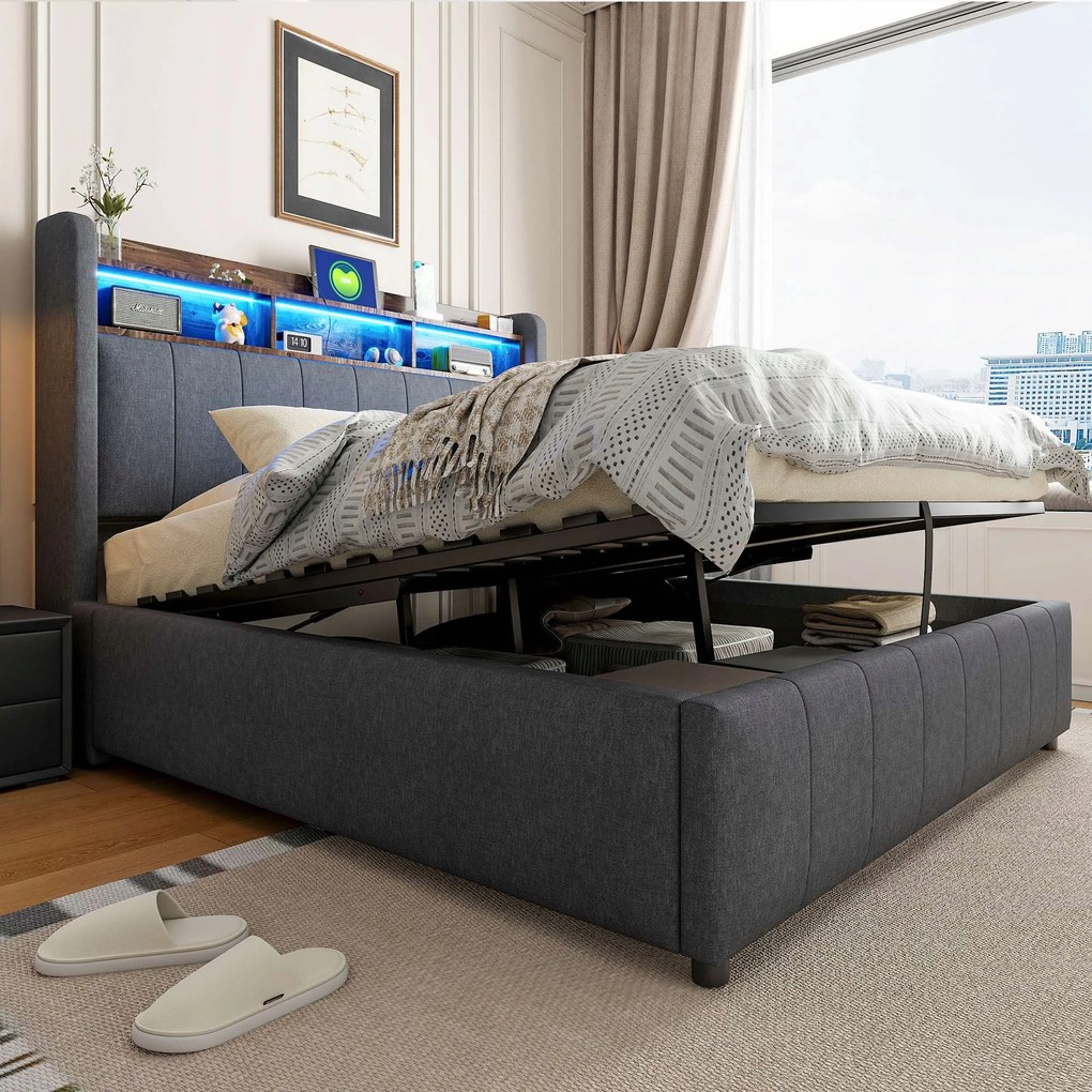 Kárpitozott ágy 140x200 Dupla ágy Led Usb Hidraulikus szürke