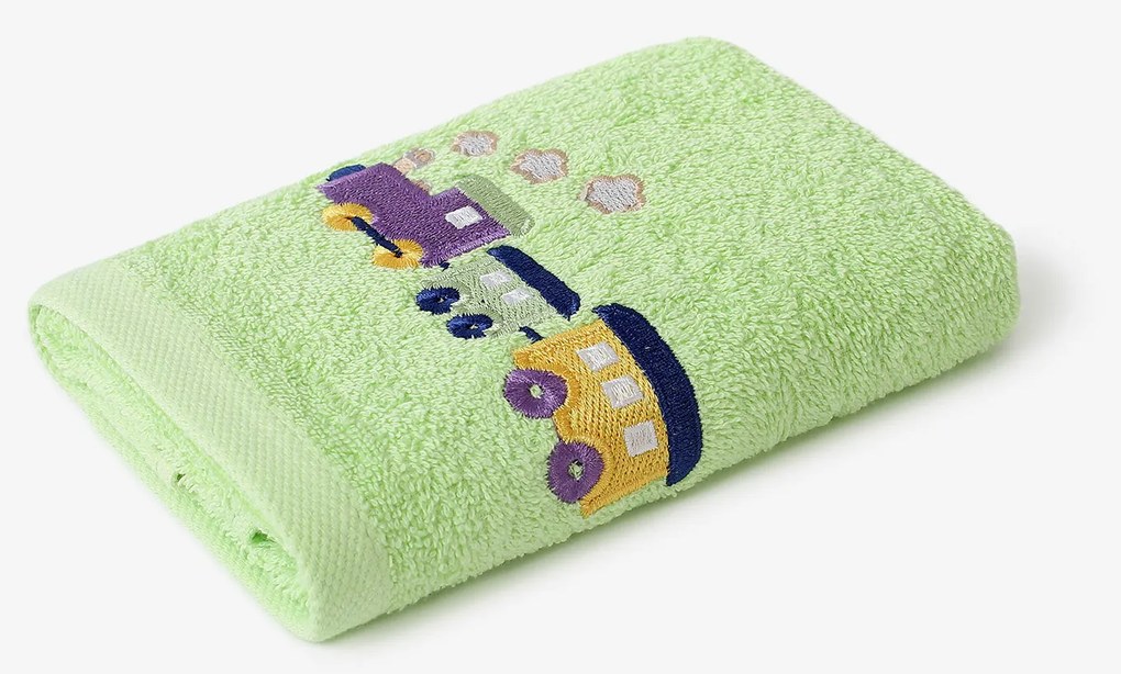 Goldea gyermek frottír törölköző - vonat a zöldön 30 x 50 cm