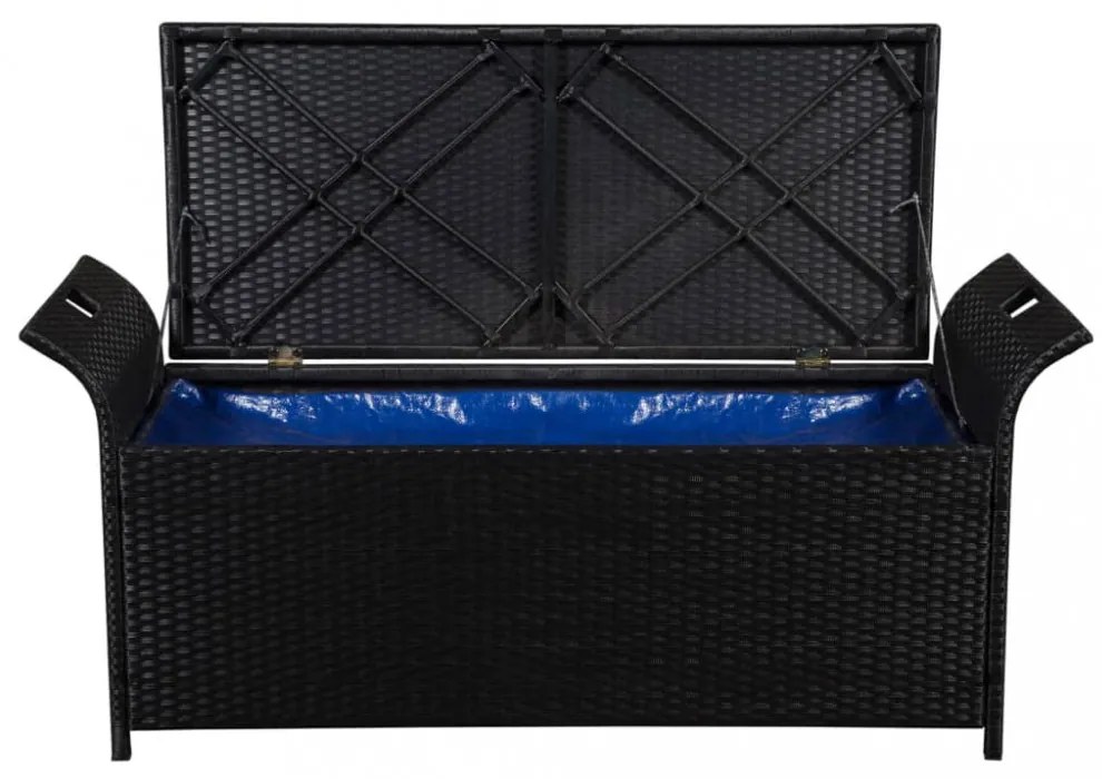 fekete polyrattan tárolópad párnával 138 cm