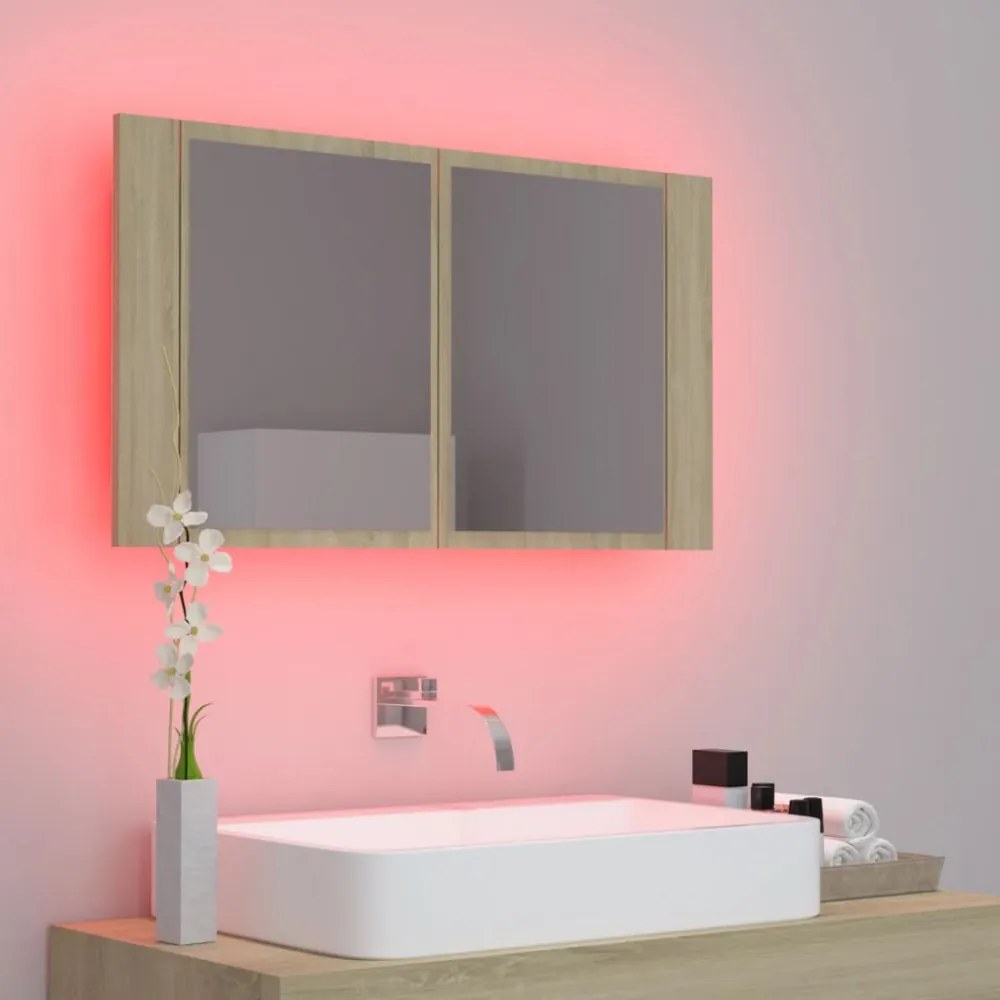 tölgyszínű akril LED-es tükrös fürdőszobaszekrény 80x12x45 cm