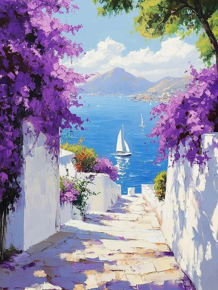 Vászonkép Canvas Görögország Santorini Utca Tenger Virágok Kilátás 60x80