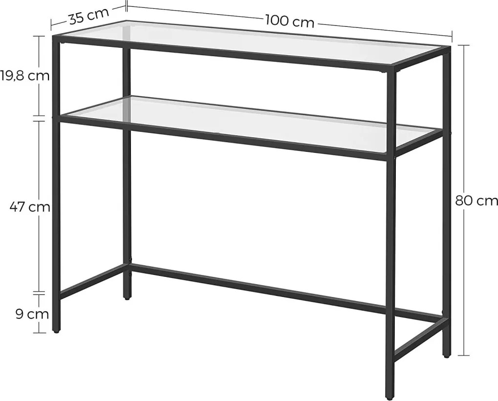 Konzolasztal polcokkal edzett üveglappal, fekete 100x80x35cm