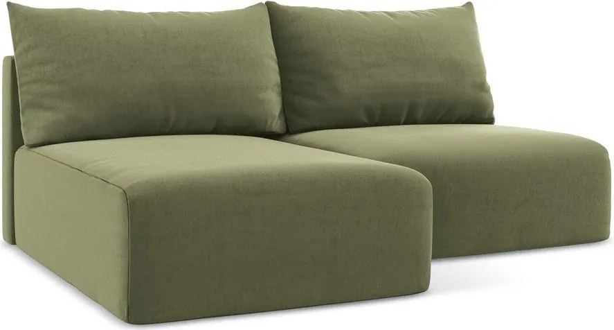 Zöld bársony kinyitható-tárolóhelyes sarokkanapé (bal oldali-heverő résszel) Kalena – Makamii
