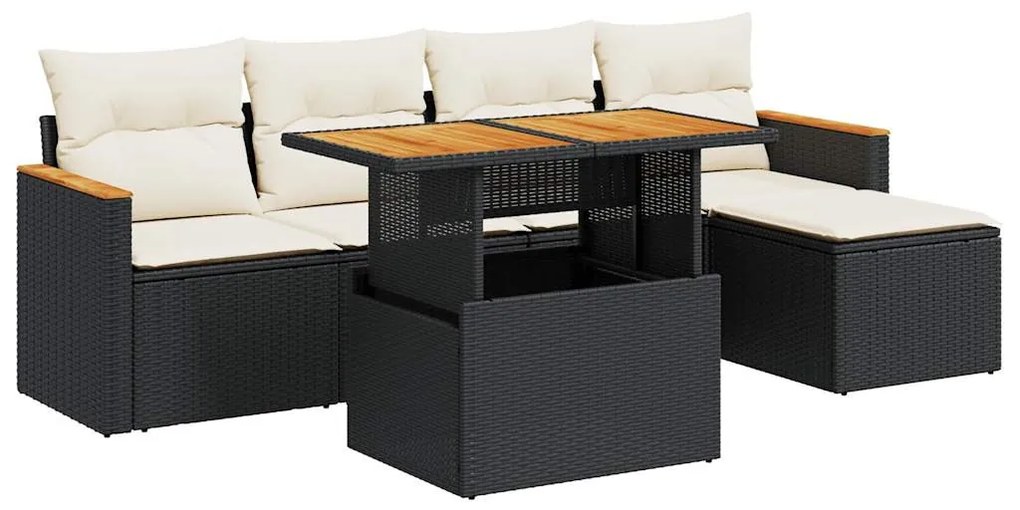 6 részes fekete polyrattan akácfa kerti ülőgarnitúra párnákkal