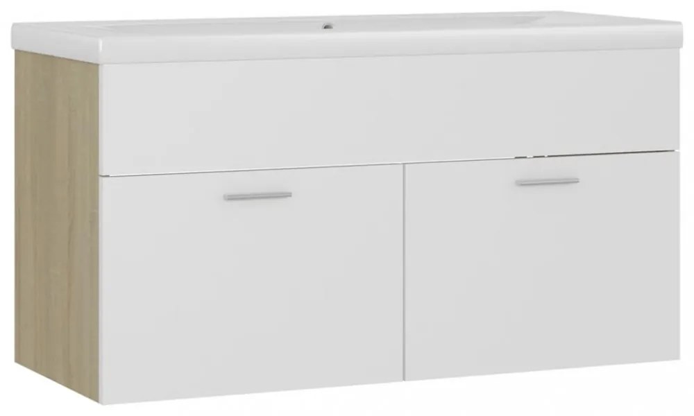 fehér, tölgyszínű szerelt fa mosdószekrény beépített kagylóval