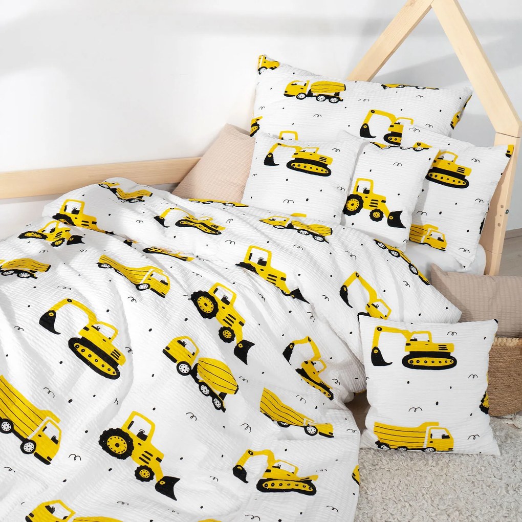 Goldea gyermek krepp ágyneműhuzat - kotrógépek és építkezési eszközök 140 x 200 és 70 x 90 cm