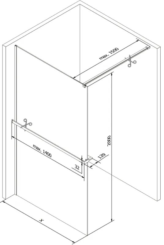 Mexen Kioto+, Walk-In zuhany paraván polccal és akasztóval 130 x 200 cm, 8 mm átlátszó üveg fehér mintás, grafit profil, 800-130-121-66-85
