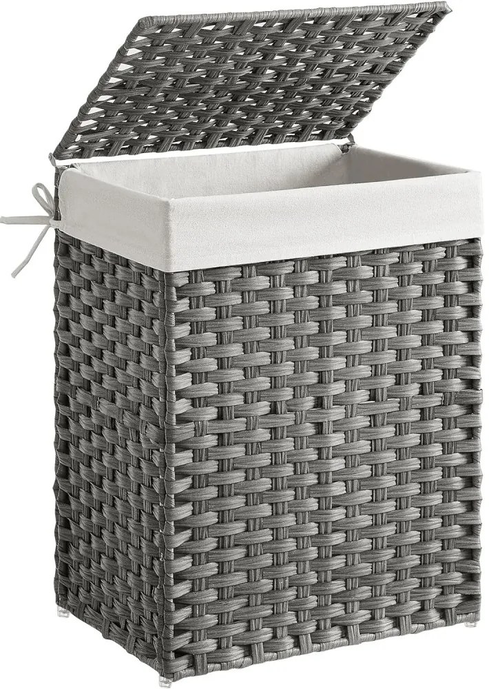 Kézzel fonott rattan szennyeskosár, összecsukható, kivehető zsákkal 90L, szürke