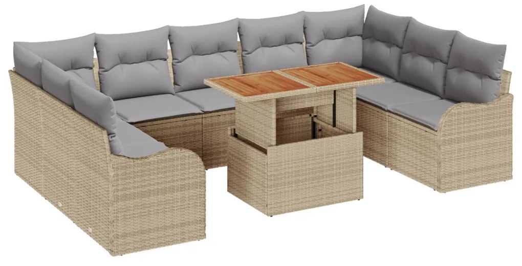 10 Darabos Kerti Kanapé Szett Párnákkal Bézs Poly Rattan Akáccal, 2 Fős Kerti Kanapé Párnákkal Bézs Poly Rattan