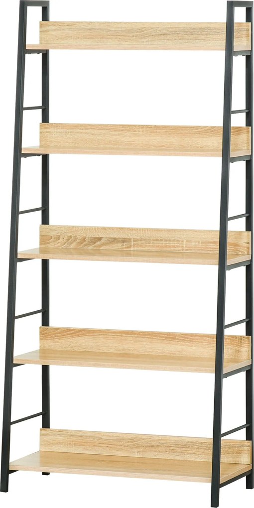 HOMCOM 5-Szintes Könyvespolc Nappali Sarokpolc Fém Állvánnyal 25 kg Teherbírás Az Irodához Tanulmányhoz 70x35x149,5 cm Természetes | Aosom