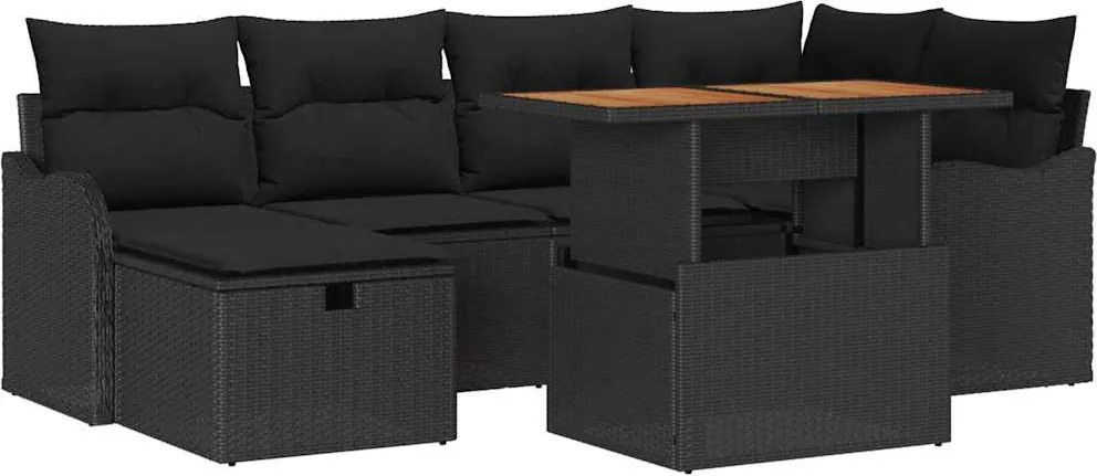 vidaXL Kerti Kanapé Szett párnával tárolóval 7 pcs Fekete polirattan