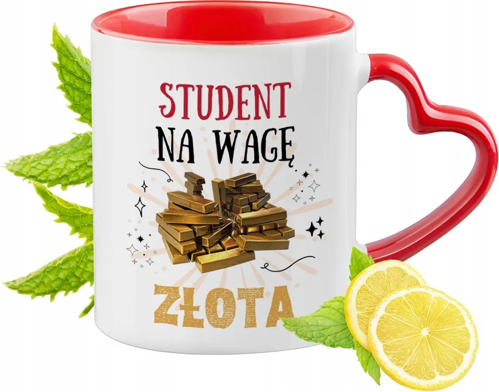 Piros bögre szív alakú füllel diáknak ajándékba