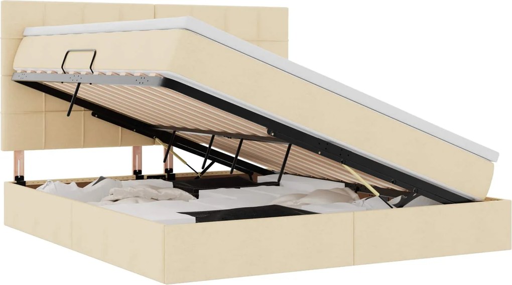 vidaXL Ágy tárolóval és LED lámpával Krém 160 x 200 cm Poliészter