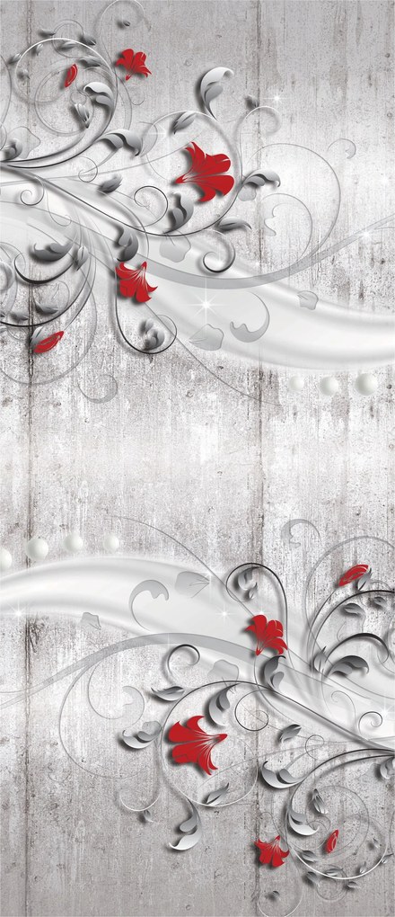 Fotótapéta matrica Elegáns piros virágok ezüst tekercsek fehér 91x211