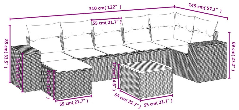 8 részes fekete polyrattan kerti ülőgarnitúra párnákkal