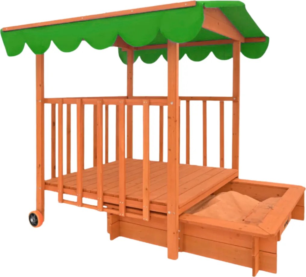 HAPPY verandás homokozó, 130x130x143cm, barna/zöld Jurhan