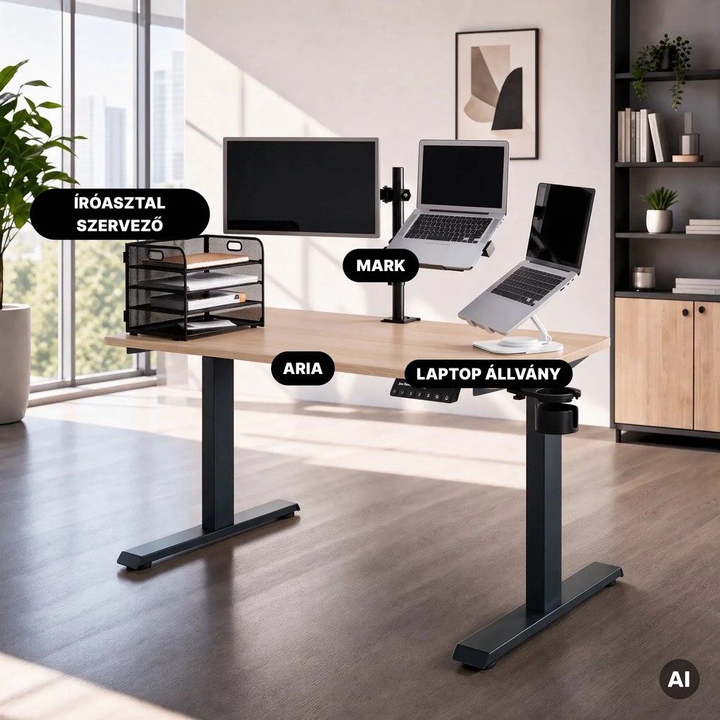 Elektromos íróasztal magasságállítással ergonomikus antracit/sonoma tölgy,1400x700 mm: ARIA