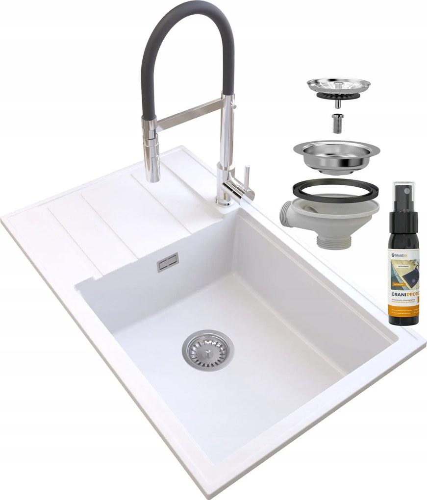 Gránit Mosogató Fehér Szifon Csaptelep Króm Louis
