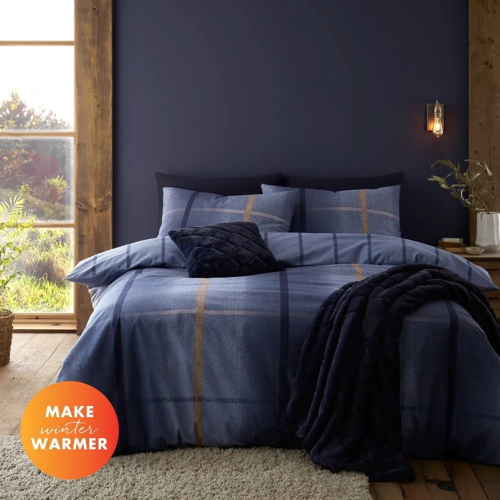 Sötétkék kétszemélyes-hosszabbított flanel ágyneműhuzat 230x220 cm Melrose Tweed Check – Catherine Lansfield