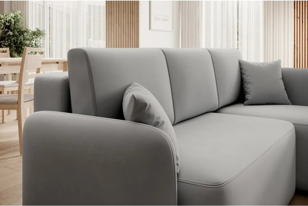 Világosszürke bársony kinyitható-tárolóhelyes sarokkanapé (jobb oldali-heverő résszel) Hadson – ELTAP