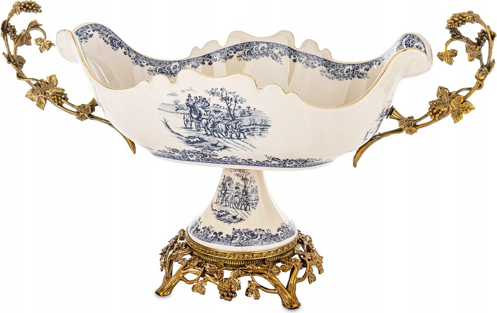 Palota tálca Retro kerámia öregített fehér kék arany patera láb