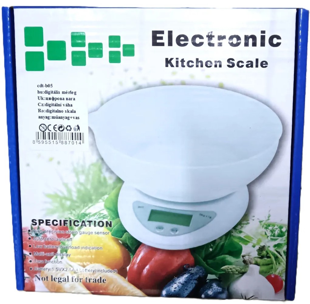 Digitális konyhai mérleg tállal 1xCR2032 Fehér tálas konyhai mérleg 5 kg-ig