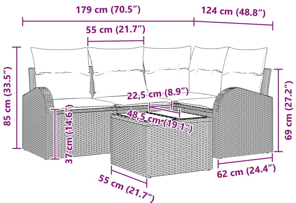 5 darabos kerti kanapészett párnával szürke poli rattan