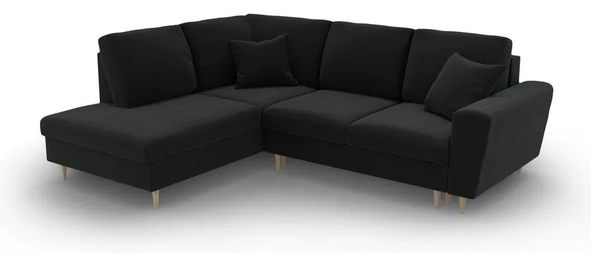 Fekete bársony kinyitható tárolóhelyes sarokkanapé (bal oldali-L alakú) Kyoto – Cosmopolitan Design
