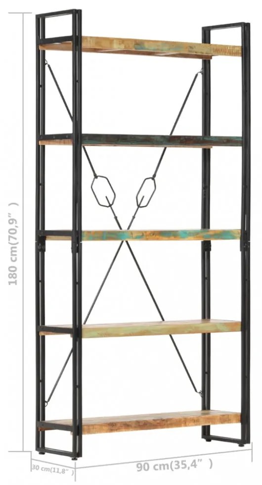 5 szintes tömör újrahasznosított fa könyvespolc 90x30x180 cm