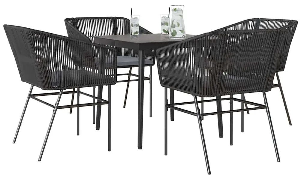 vidaXL 5 részes fekete polyrattan üveg kerti étkezőgarnitúra párnákkal