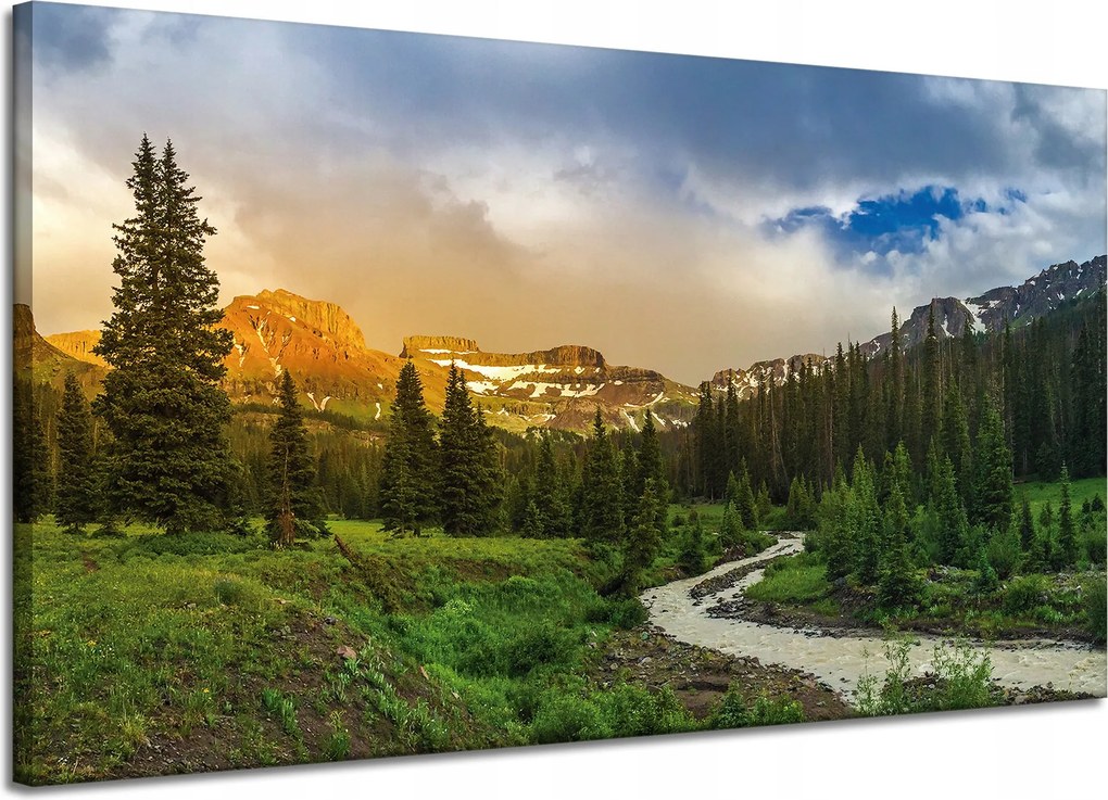 Vászonkép Ösvény a hegyek között Erdő Fák Nap 120x70 cm