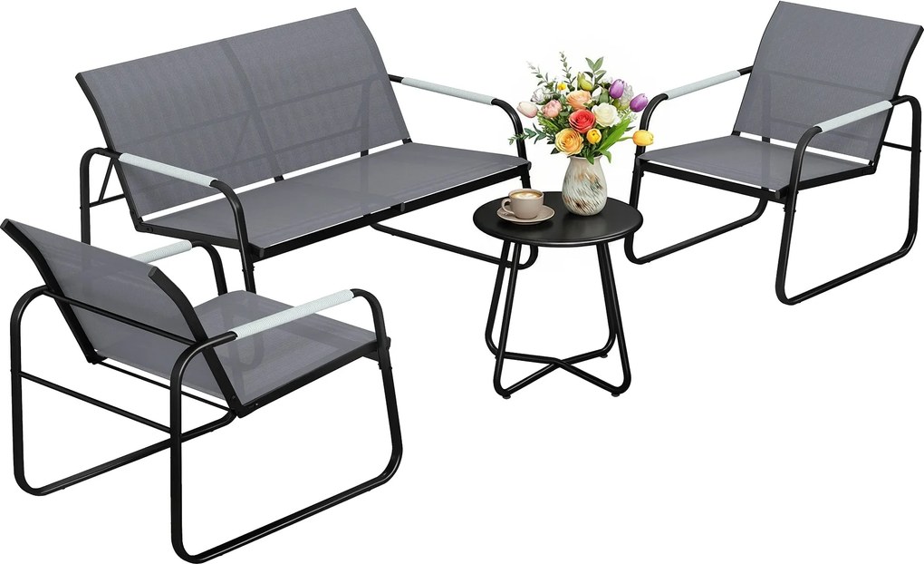 Outsunny 4 darabos kerti ülőgarnitúra 4 személyre — lélegző hálós 2 személyes kanapé, 2 fotel, fonott kerek asztal, állítható lábak, időjárásálló (szü